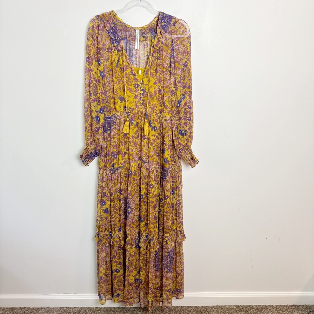 Anthropologie The Marais Printed Chiffon Maxi Dress Gold Floral Size XXS